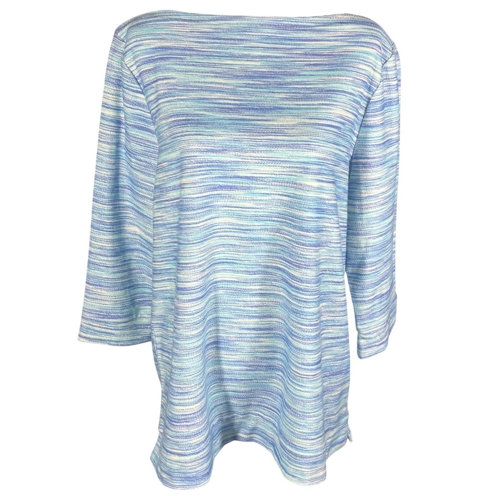 Talbots Knit Top Womens XL Blue Space Dye Boatneck‎ 3/4 Sleeve Side Slit Striped